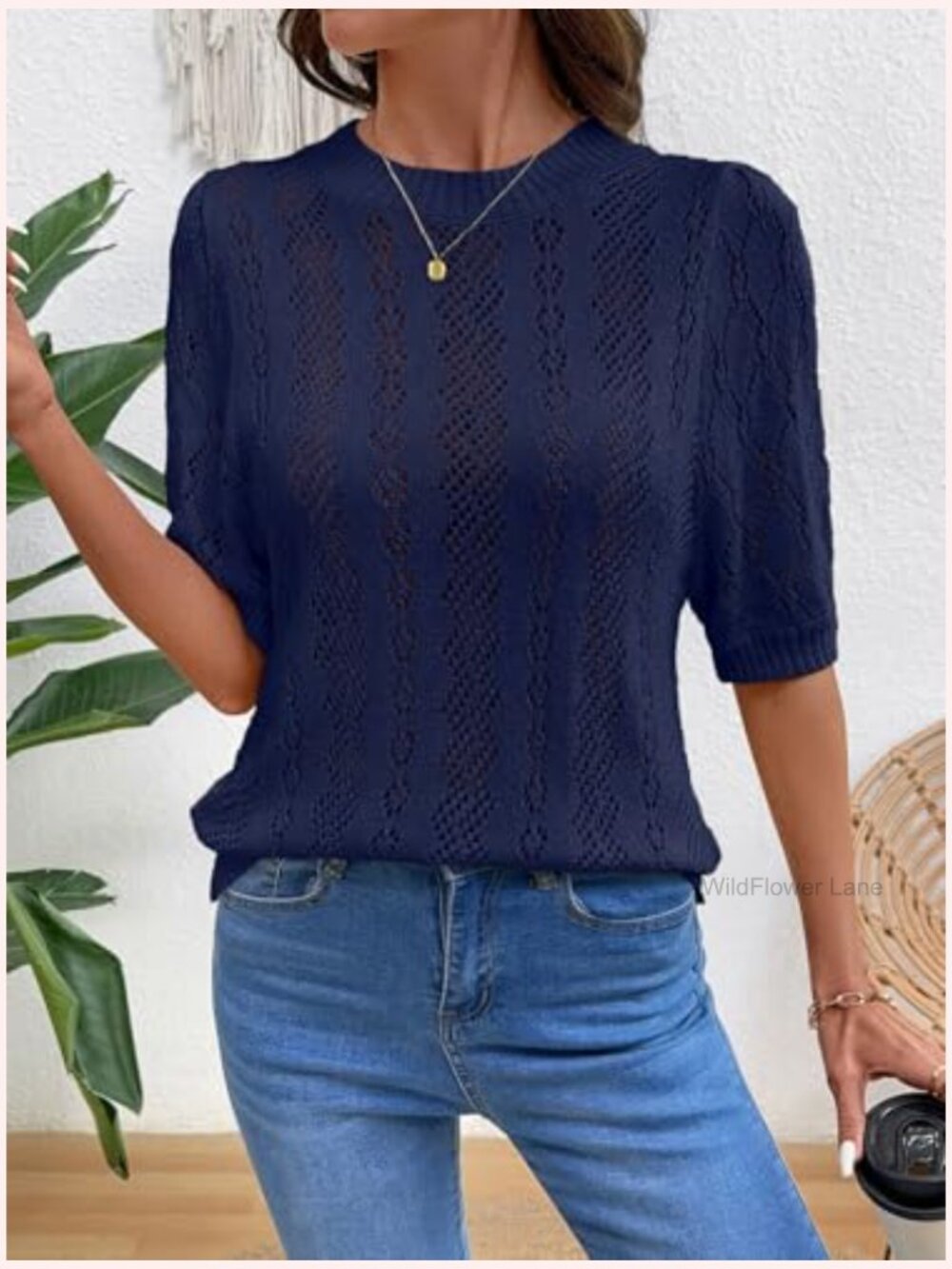 Casual Crewneck Hollow Out Short Sleeve Crochet Summer Blouse - Picture 2 of 7